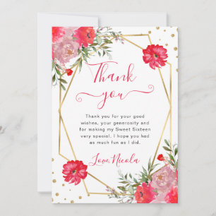 Pink Summer Flowers Frame Sweet 16 Thank You Card