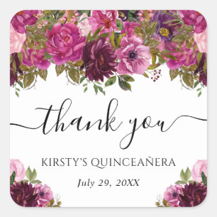 Pink Summer Flowers Quinceanera Square Sticker