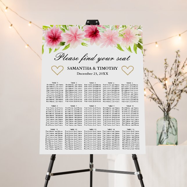 Pink Summer Flowers Wedding Seating Chart Foam Board (In Situ (Stand))
