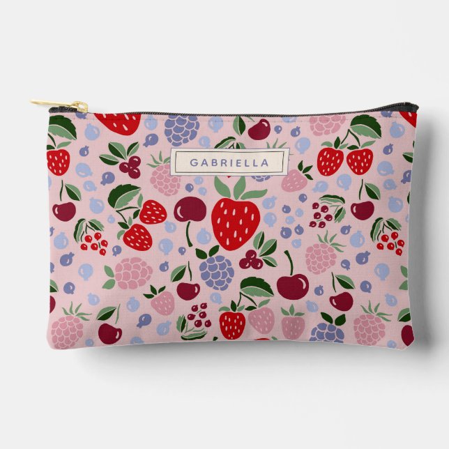 Pink Summer Fruit Berries Bridesmaid Personalized Accessory Pouch (Front)