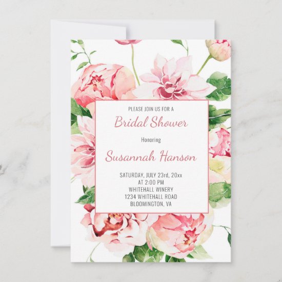 Pink Summer Garden Peonies, Dahlias, Roses Bridal Card