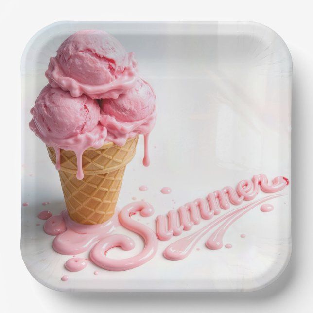 Pink Summer Ice Cream Cone Paper Plates (Front)
