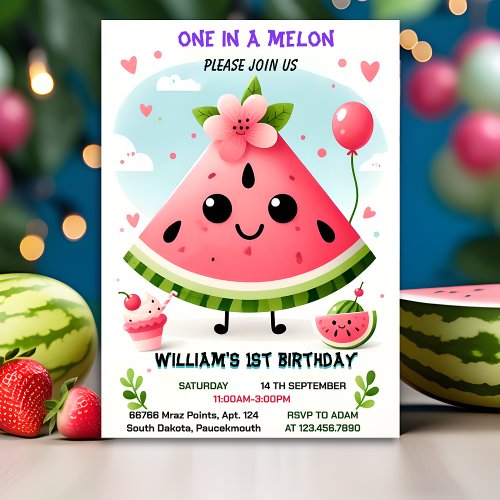 pink summer one in a melon first 1st birthday invitation