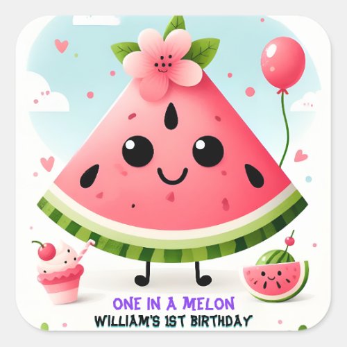 pink summer one in a melon first 1st birthday square sticker