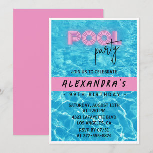  Pink Summer Pool party 99th birthday Invitation