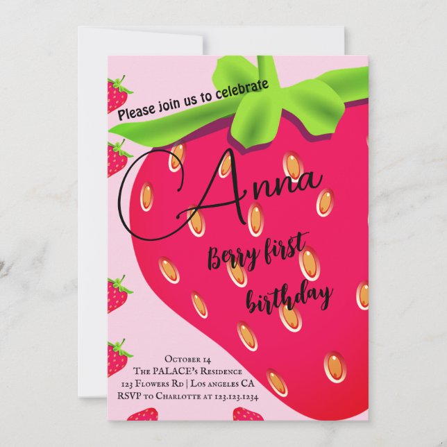 Pink summer strawberry 1st birthday invitations (Front)