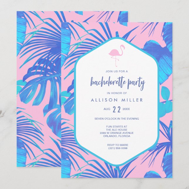 Pink Summer Tropical Flamingo Bachelorette Party Invitation (Front/Back)