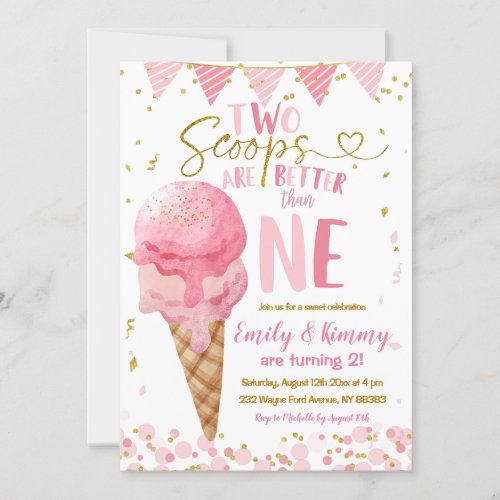 Pink Summer Two Scoops Ice Cream 2nd Birthday Invitation