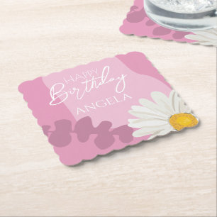 Pink Summer White Daisy Happy Birthday Party Paper Coaster
