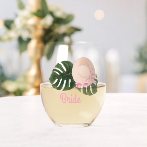 Pink Summertime Glam Bachelorette  Bride Stemless Wine Glass