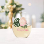 Pink Summertime Glam Bachelorette | Bridesmaid Stemless Wine Glass<br><div class="desc">This tropical Bachelorette party wine glass features a fun hat and sun glasses grouping accented by tropical monstera leaves add your name to personalize this fun souvenir.</div>