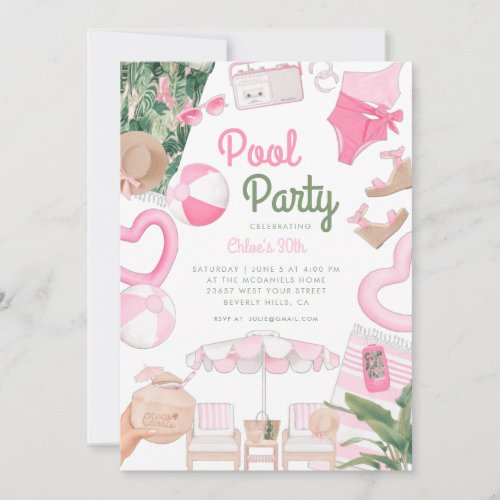 Pink Summertime Glam  Pool Party Invitation