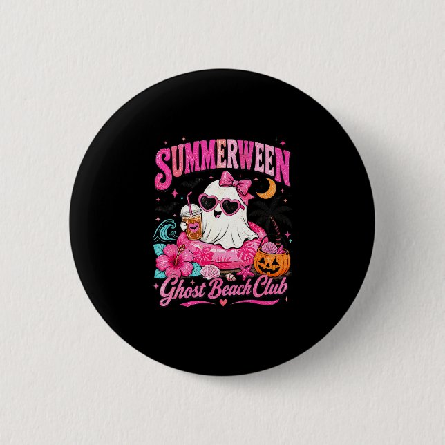 Pink summerween cute ghost tropical beach vacation button (Front)
