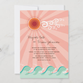 Pink Sun And Aqua Blue Waves Summer Beach Wedding Invitation