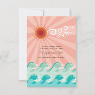 Pink Sun & Aqua Waves Beach Wedding Reception Card