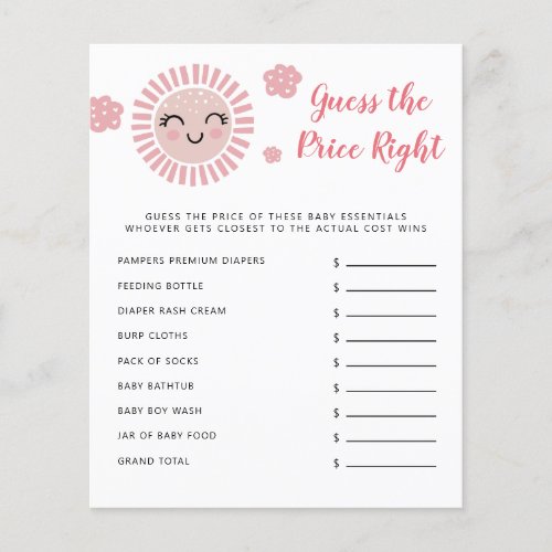 Pink Sun Guess The Price Right Baby Shower Game