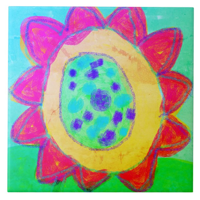 Pink Sunflower Abstract Digital Painting Ceramic Tile (Front)