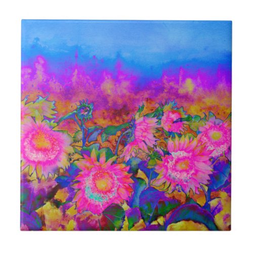 Pink sunflower abstract watercolor painting tile