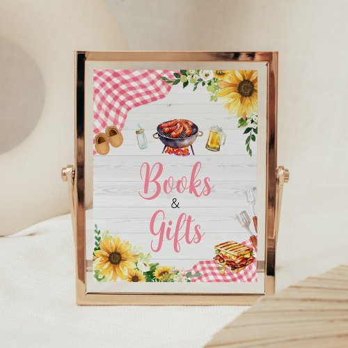 Pink Sunflower BBQ Baby Shower Books and Gifts Poster