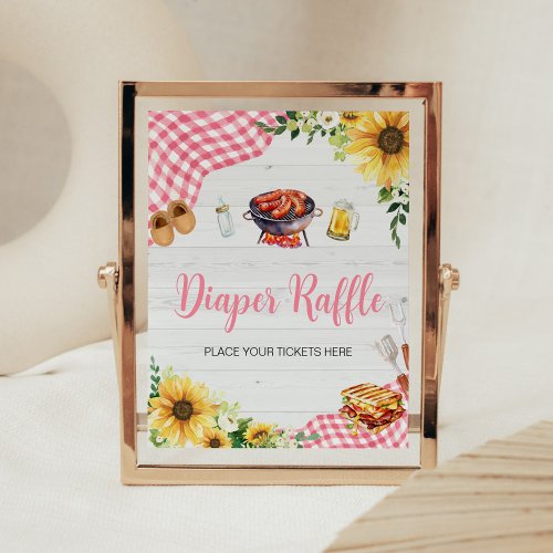 Pink Sunflower BBQ Baby Shower Diaper Raffle Poster