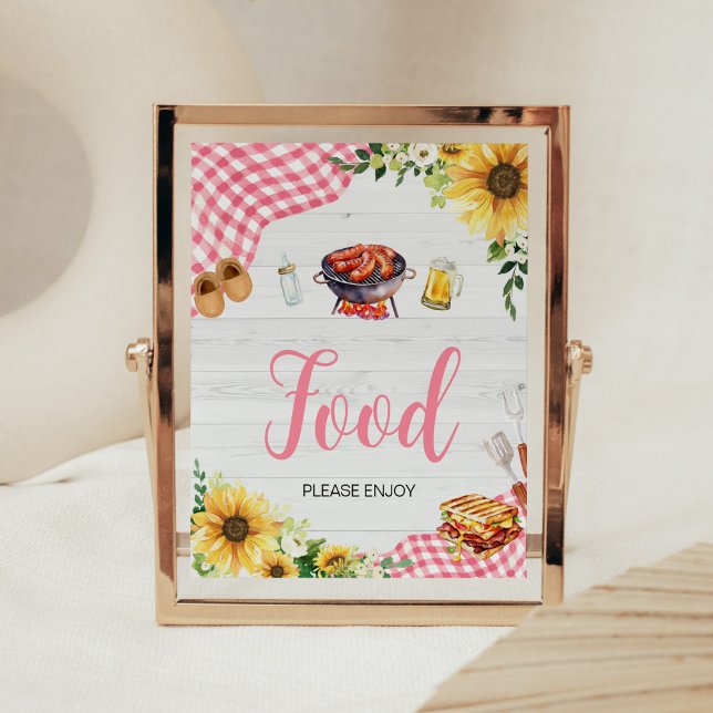 Pink Sunflower BBQ Baby Shower Food Poster (Baby- Q Backyard Baby Shower Food Sign)