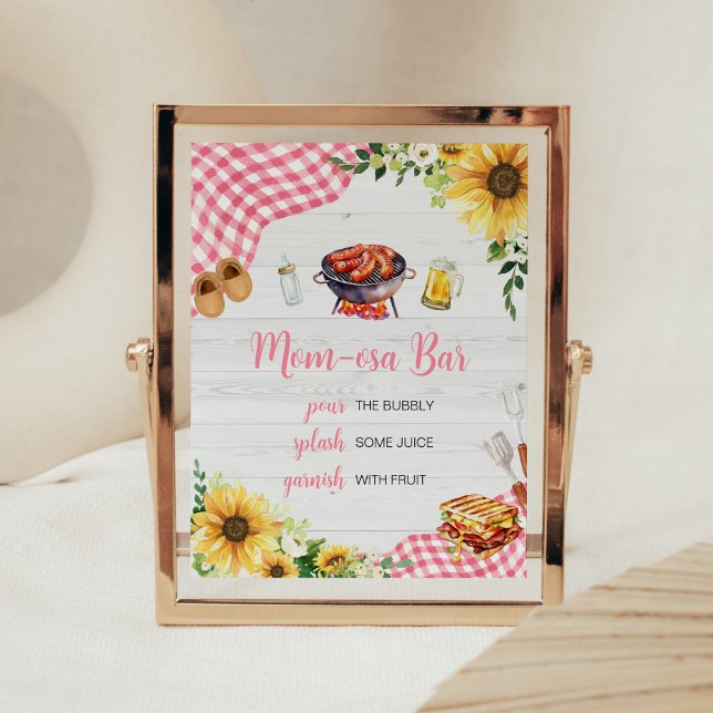 Pink Sunflower BBQ Baby Shower Mom Osa Bar Poster (Baby- Q Backyard Baby Shower Mom Osa Bar Sign)