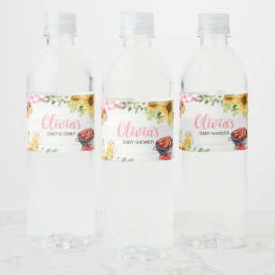 Pink Sunflower BBQ Baby Shower Water Bottle Label