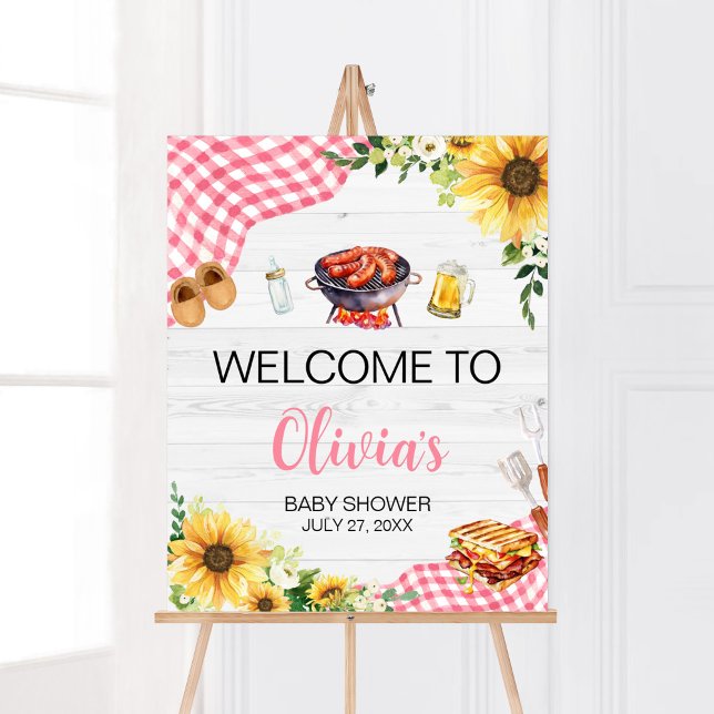 Pink Sunflower BBQ Baby Shower Welcome Poster (Baby- Q Backyard Baby Shower Welcome Sign)