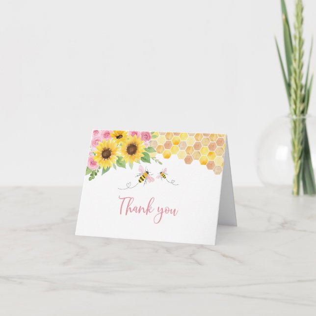 Pink Sunflower Bee Birthday Thank You Card (Front)