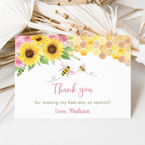 Pink Sunflower Bee Birthday Thank You Card
