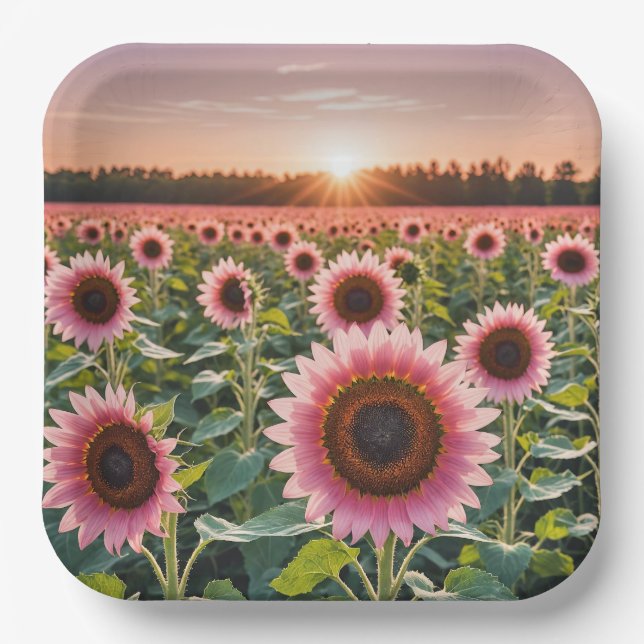 Pink Sunflower Field Paper Plates (Front)