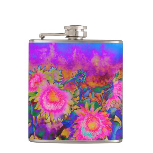 Pink Sunflower fields Hip Flask