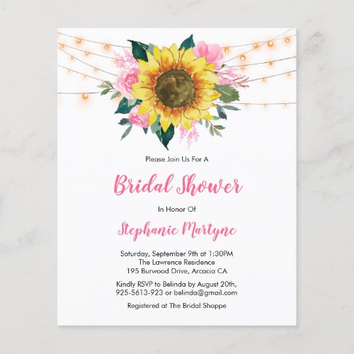 Pink Sunflower Lights Budget Bridal Shower Invite
