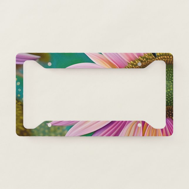 Pink Sunflower on Teal License Plate Frame (Front)