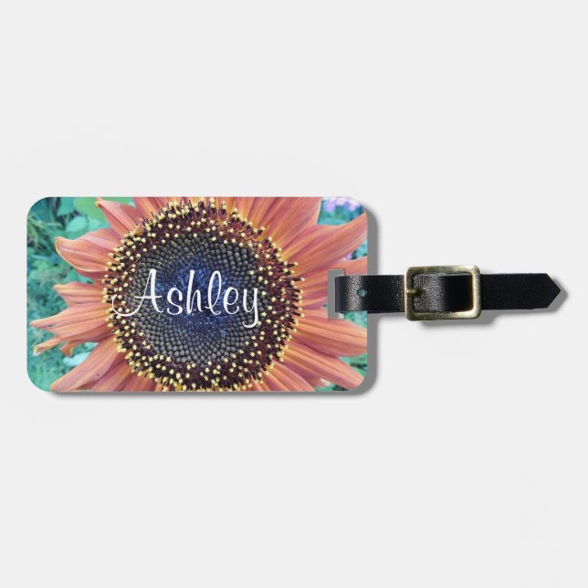 Pink Sunflower Photo Personalized Floral Luggage Tag (Front Horizontal)