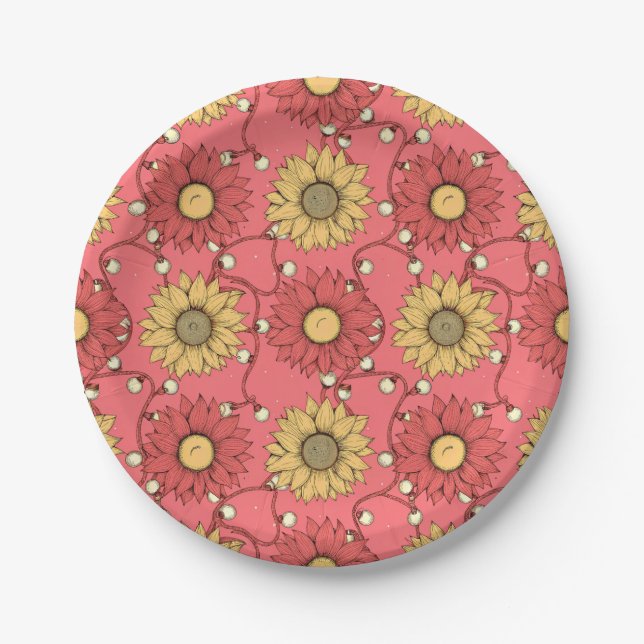 Pink Sunflowers Christmas Paper Plates (Front)