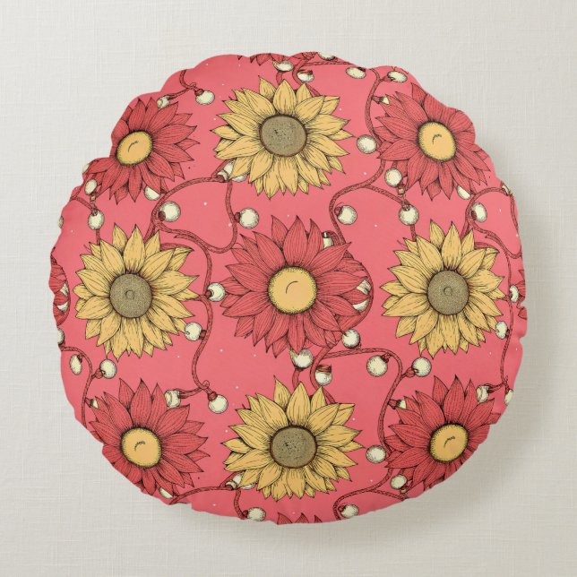 Pink Sunflowers Christmas Round Pillow (Front)