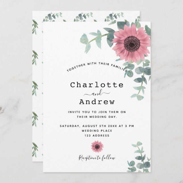 Pink sunflowers dusty floral greenery wedding invitation (Front/Back)