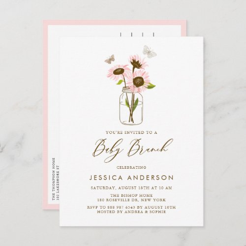 Pink Sunflowers in a Mason Jar Baby Brunch Invitation Postcard