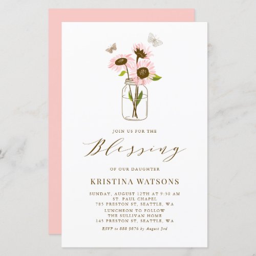 Pink Sunflowers in Mason Jar Baby Blessing Invite