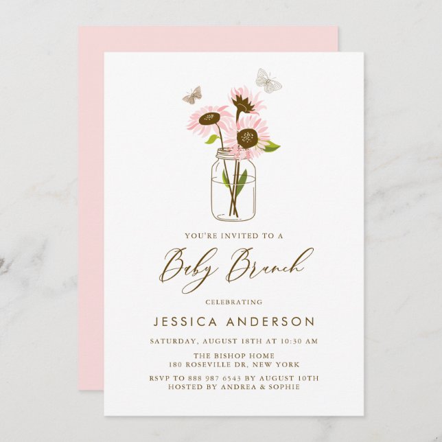Pink Sunflowers in Mason Jar Baby Brunch Invitation (Front/Back)