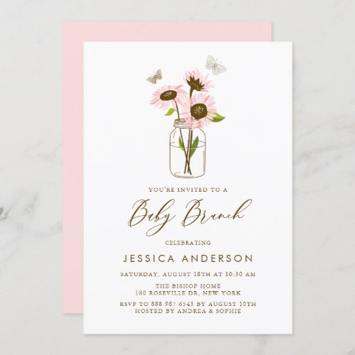 Pink Sunflowers in Mason Jar Baby Brunch Invitation
