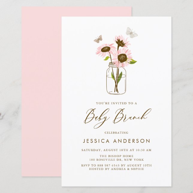 Pink Sunflowers in Mason Jar Baby Brunch Invite (Front/Back)