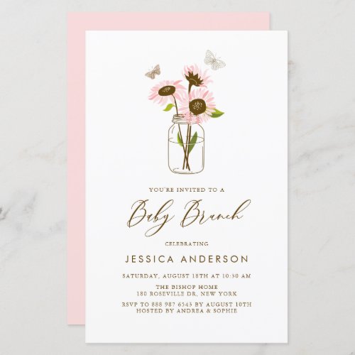 Pink Sunflowers in Mason Jar Baby Brunch Invite