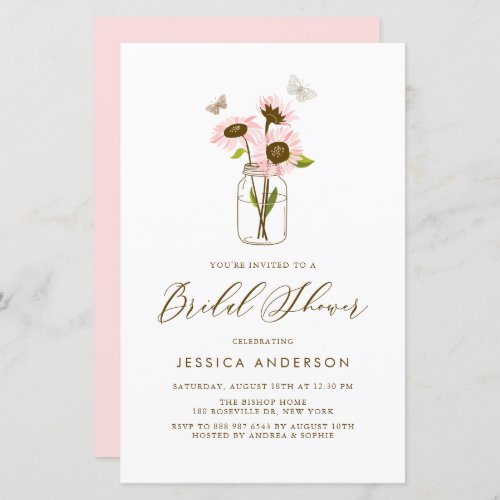 Pink Sunflowers in Mason Jar Bridal Shower Invite