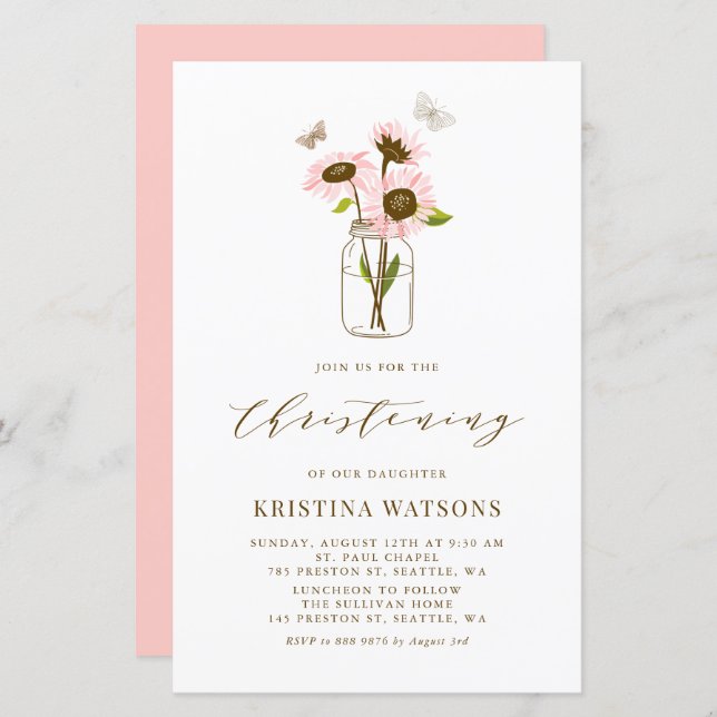 Pink Sunflowers in Mason Jar Christening Invite (Front/Back)