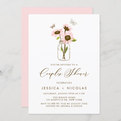 Pink Sunflowers in Mason Jar Couples Shower Invitation