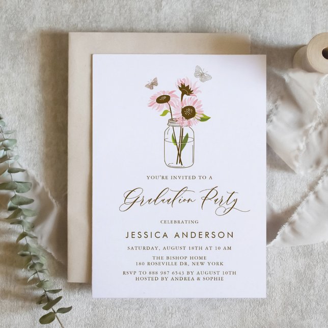 Pink Sunflowers in Mason Jar Graduation Party Invitation (Creator Uploaded)
