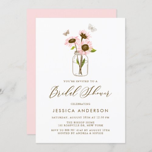 Pink Sunflowers in Mason Jar Rustic Bridal Shower Invitation