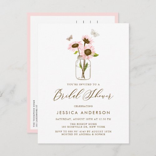 Pink Sunflowers in Mason Jar Rustic Bridal Shower Invitation Postcard